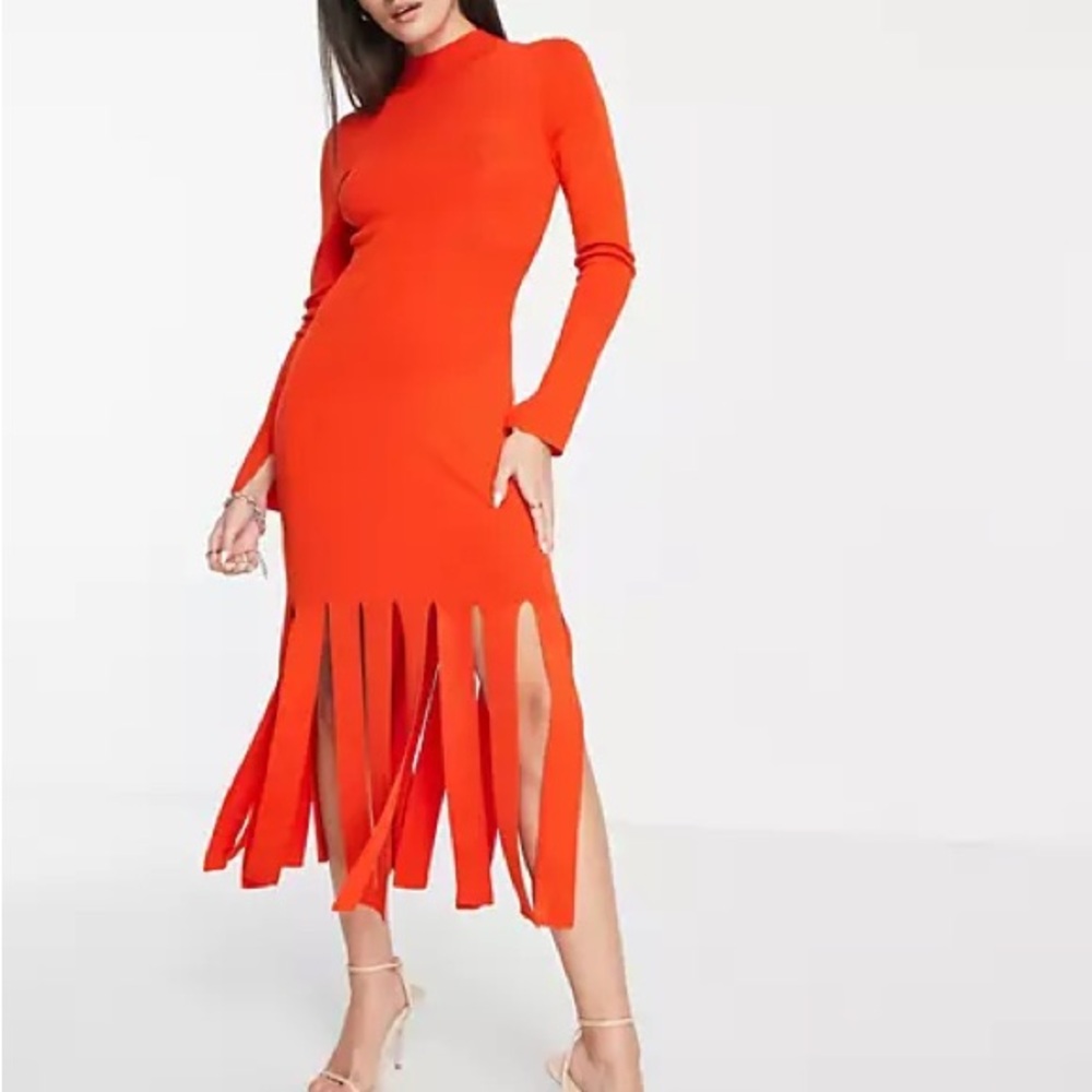Stockholm Atelier, & Other Stories orange dress with cutout bottom detail. large